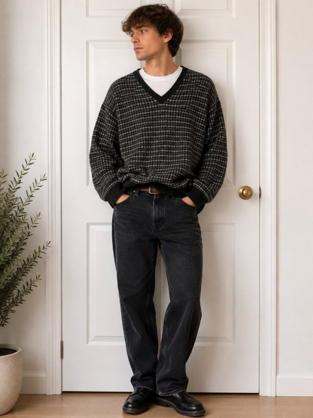 Vintage Eddie Bauer 100% Lambswool Sweater L Houndstooth V Neck 90s ✨